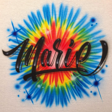Custom airbrush shirt featuring bold black script lettering over a bright rainbow tie-dye burst in red, yellow, green, and blue.