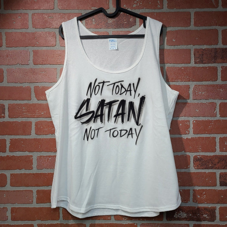 White tank top with black airbrush graffiti-style lettering that reads “Not Today, Satan, Not Today” in bold, hand-painted script.
