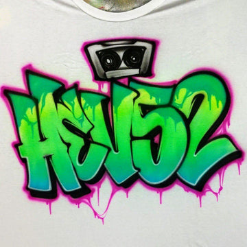front view of a custom Ggaffiti shirt featuring a cassette tape and wildstyle street art lettering
