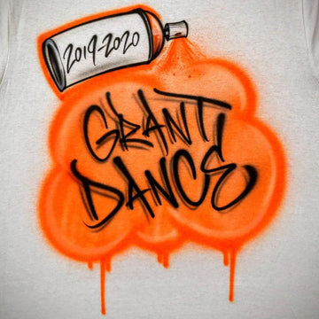 Front view - Custom dance costume airbrushed with a spray can, and a dance team name and year