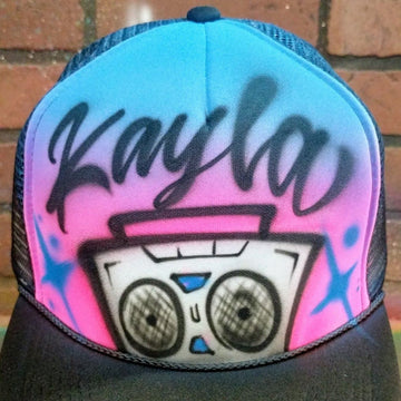 Custom Trucker | Boombox Script Name Customizable Airbrush T shirt Design from Airbrush Customs x Dale The Airbrush Guy